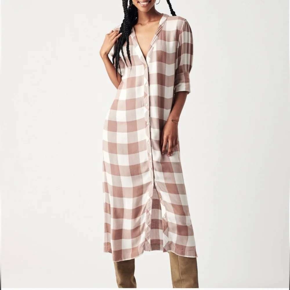 Faherty Helena Buffalo Check Button Front Flannel Midi Dress Pockets Size L Tan